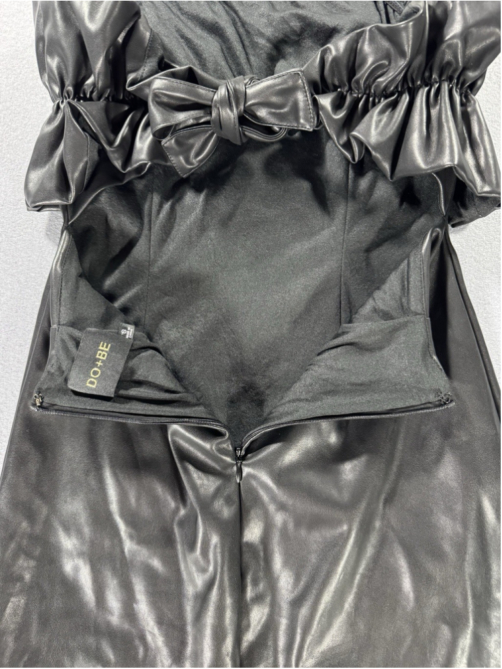 DO + BE Black Faux Leather Mini Dress Ruffle Bodice - Picture 10 of 13